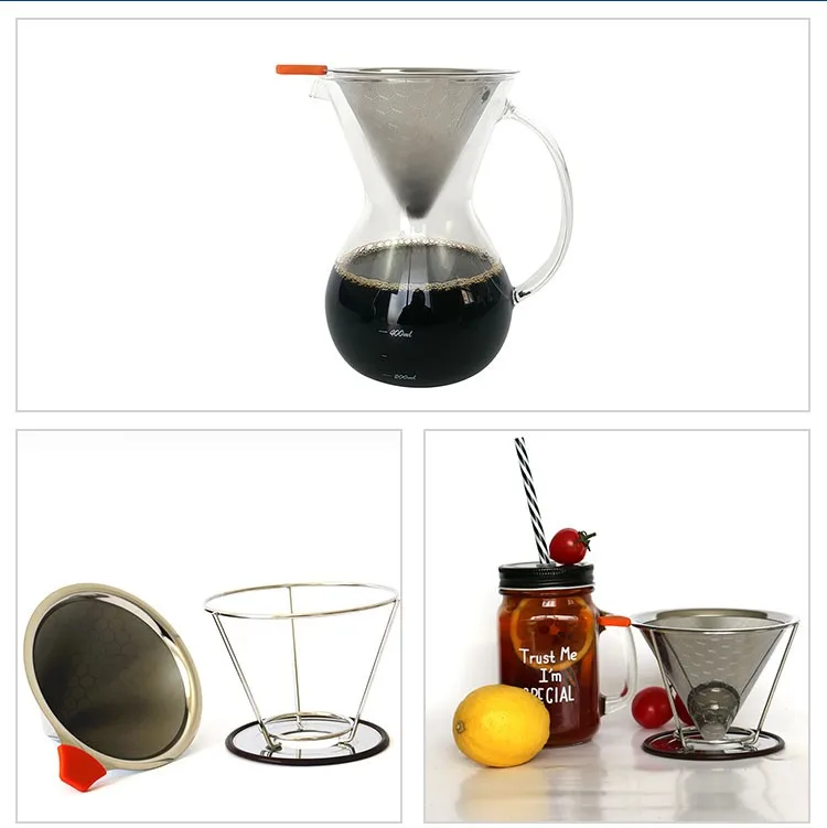 Transparent Glass Pour over Coffee Brewer Set Double-Layer Stainless Steel Cone Filter Glass Drip Coffee Pot