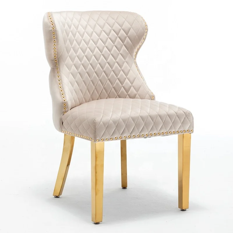 Cream velvet gold nails & lion knocker & metal legs luxury dining chair