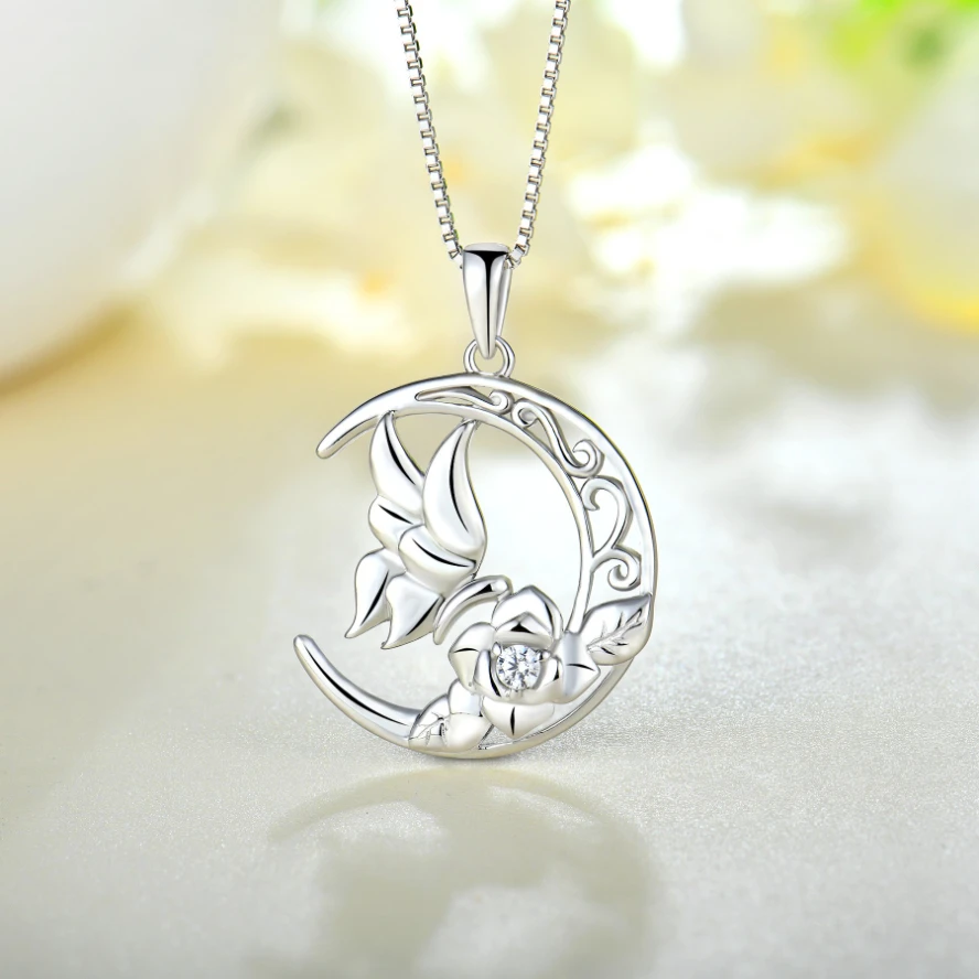 High Quality 925 Sterling Silver Butterfly and Rose Moon Pendant Necklace Rhodium Plated CZ Butterfly Pendant Wholesale