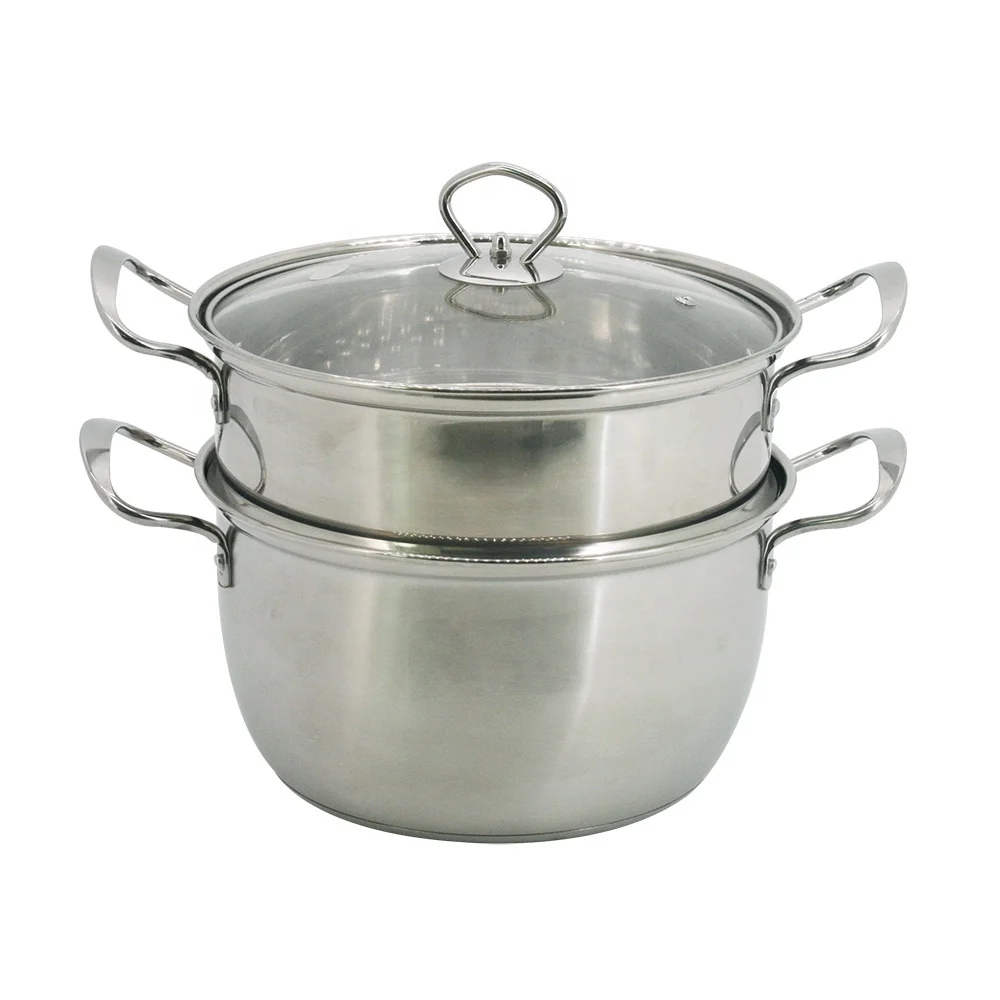 Stainless Steel Pot with Two-Layer Steamer Induction Bottom Glass Lid For Soup Pot