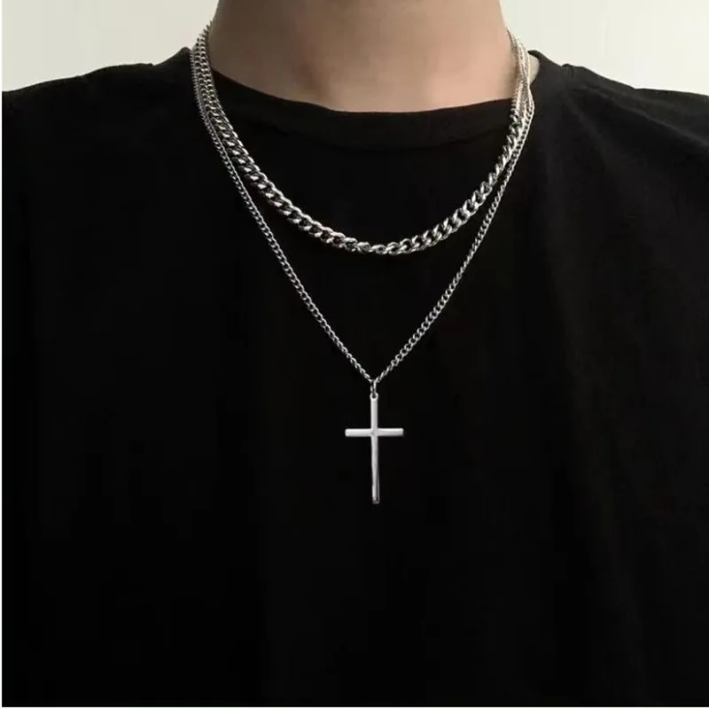 Titanium Steel Double-Layer Cross Necklace with Pearl Trendy Hip-hop Style for Men Women All-Match Sweater Chain Accessories