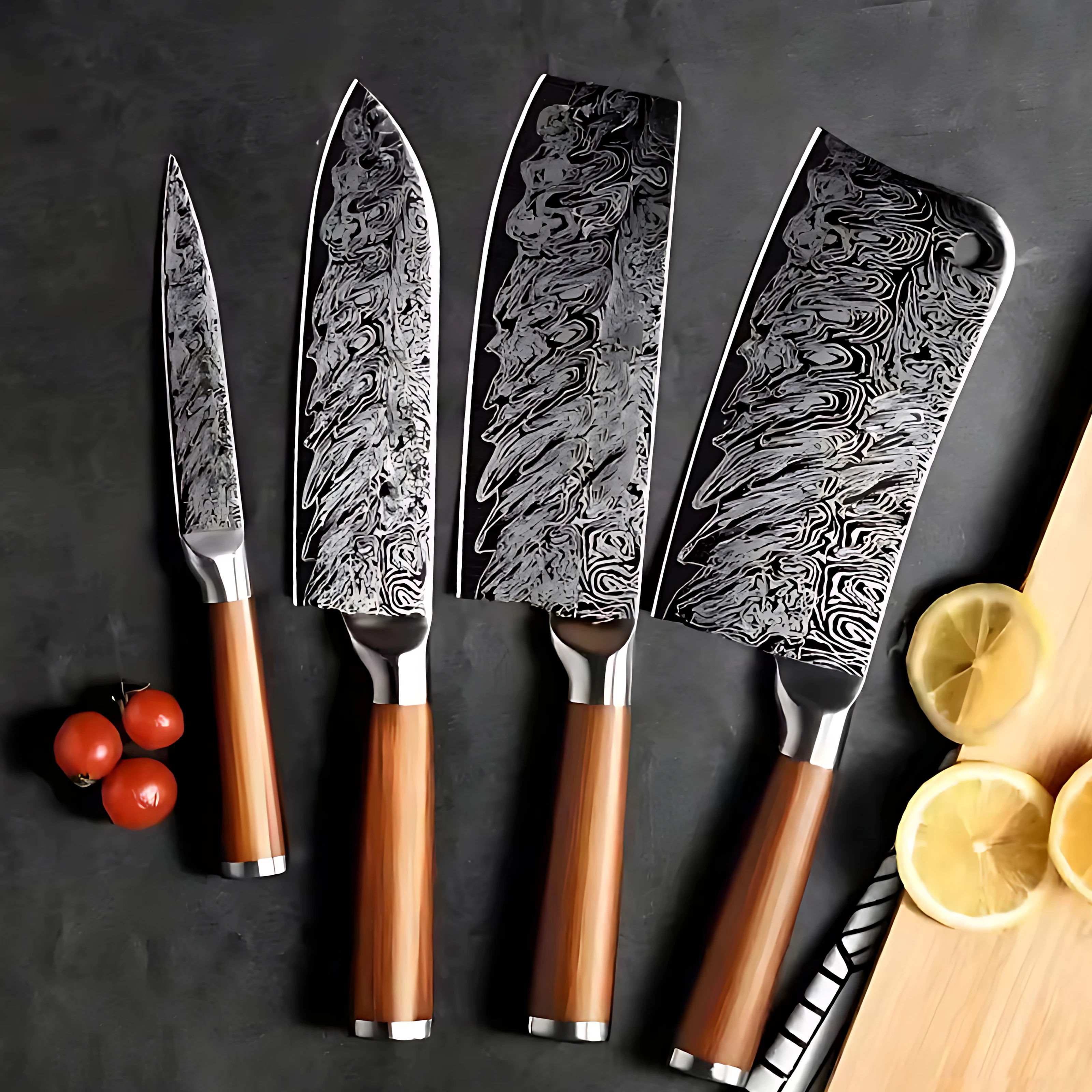 Damascus Pattern Kitchen Knives Set Japanese Style Chef Knife Utility Slicing Chopper Knife with Stainless Steel Handle