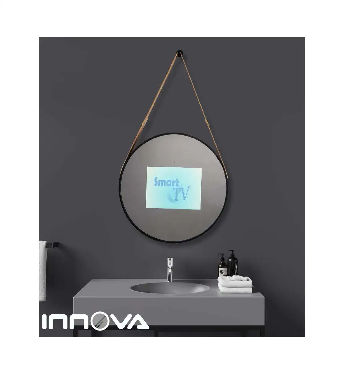 Innova Top Quality Round mirror with PU strap video Music Playback Wifi Smart Magic TV Mirror LED Bathroom Mirror