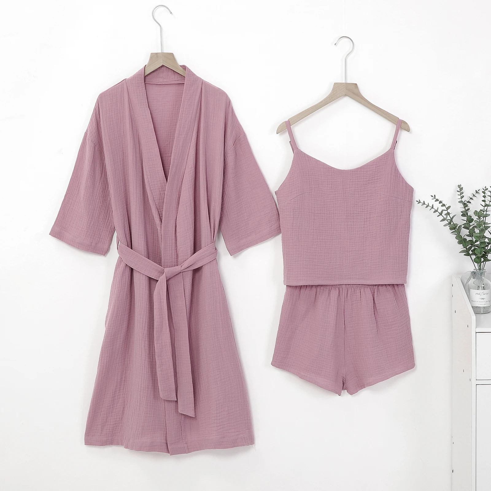 Soft 100% Cotton Women Pajamas 3pecs  Set With Robe Hot Selling Bridesmaid Pajamas Comfy Natural Homewear Leisure Wear