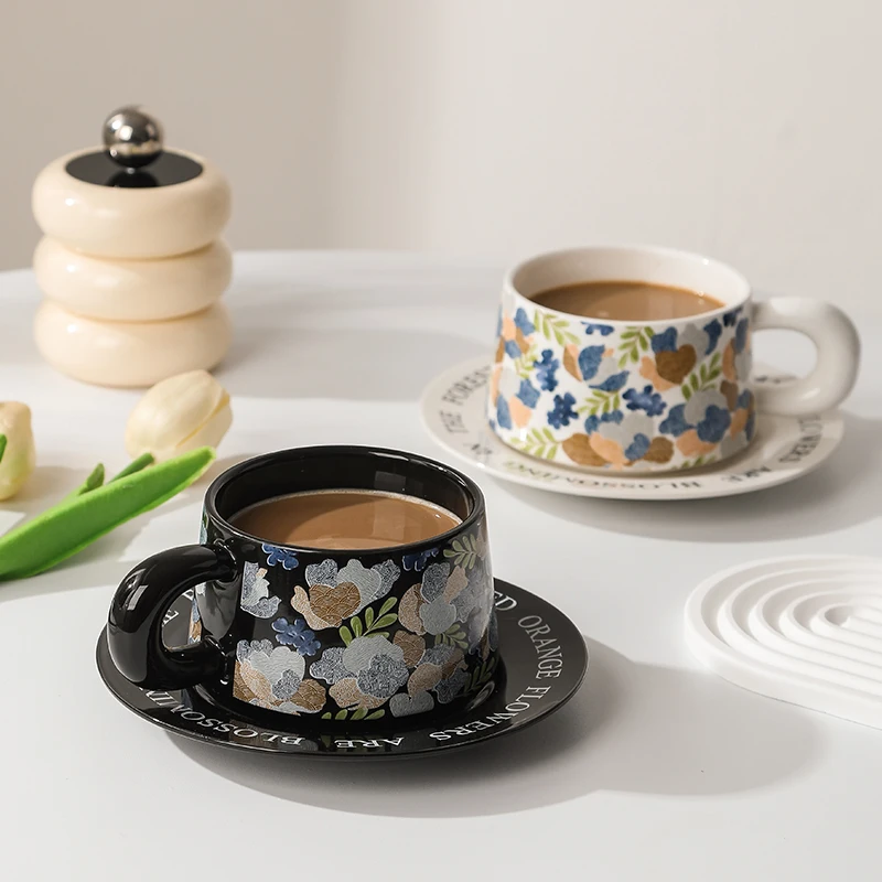 Hot Summer Flower Garden Vintage Design Ceramic Cup Mug Coffee Cup set Coaster dish White Black Custom Ceramic Porcelain Cup
