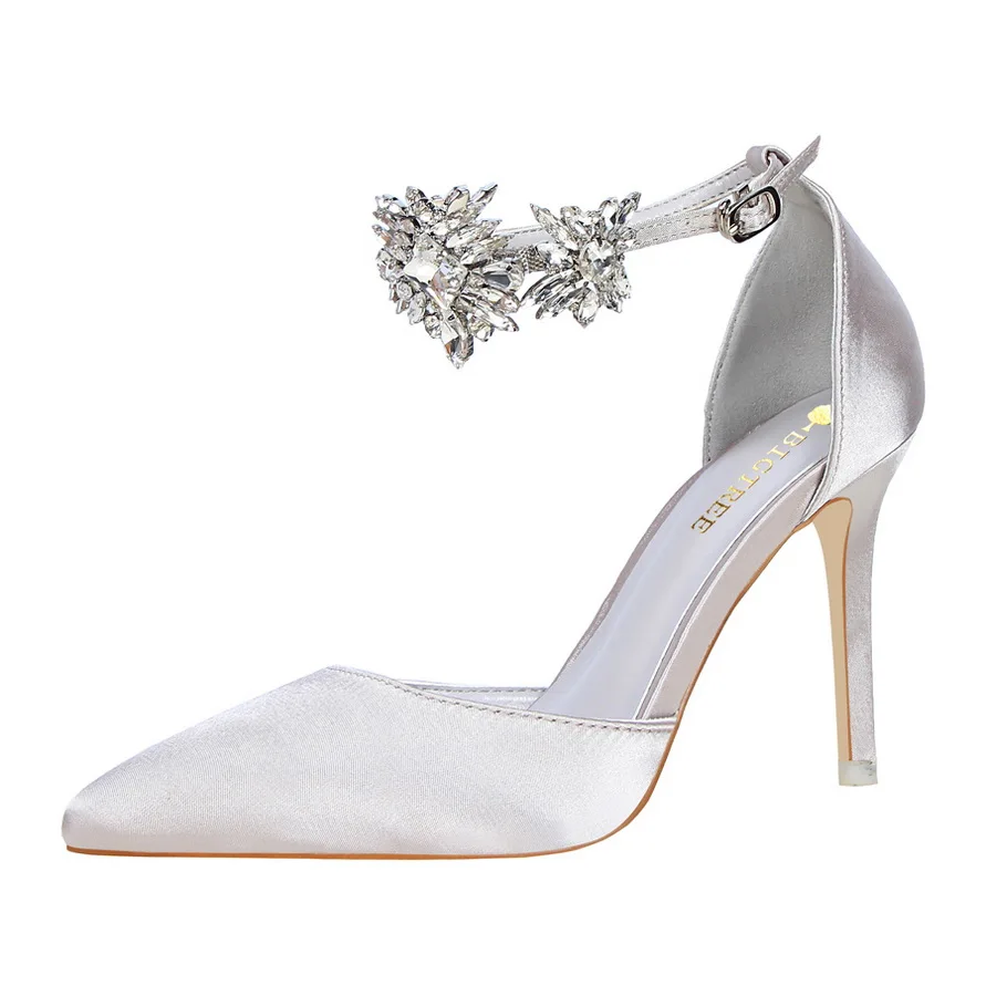 Женские туфли на высоком каблуке, сатиновые сандалии на высоком каблуке с открытым носком и острым носком, со стразами, 520-10