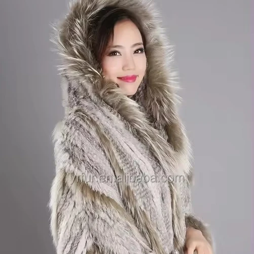 YR447 Hooded Rabbit and Raccoon Fur Hand Knit Stole Poncho