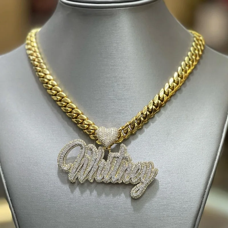 Hip Hop Jewelry Mens Miami Cuban Chain Custom Name Initial Clasp 925 Sterling Silver VVS Moissanite Diamond Pendant