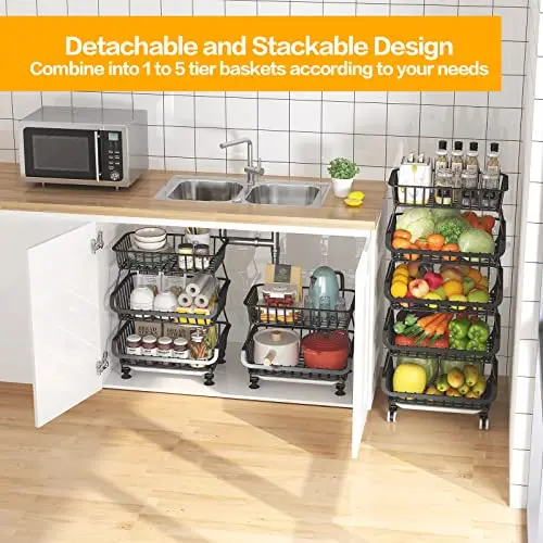 5 Tier Black Metal Wire Storage Baskets Stackable Fruit Vegetable Storage Stand Cart for Kitchen