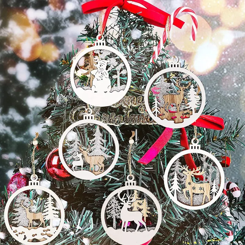 10cm 3 Layer Carving Wooden Hanging Crafts  Gift Tags Hanging Ornaments Set for Christmas Tree Decorations