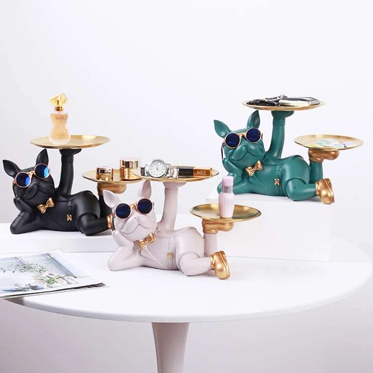 New Arrival Bulldog Sculpture Butler Statue With Tray Indoor Decoration Accessories Resin French Bulldog Porch Key Storage
