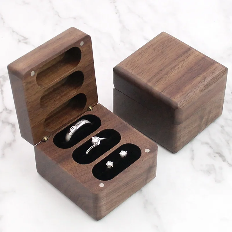 Square 3 Ring Koa Wood Box Wood Ring Bearer Box for Wedding Proposal or Engagement