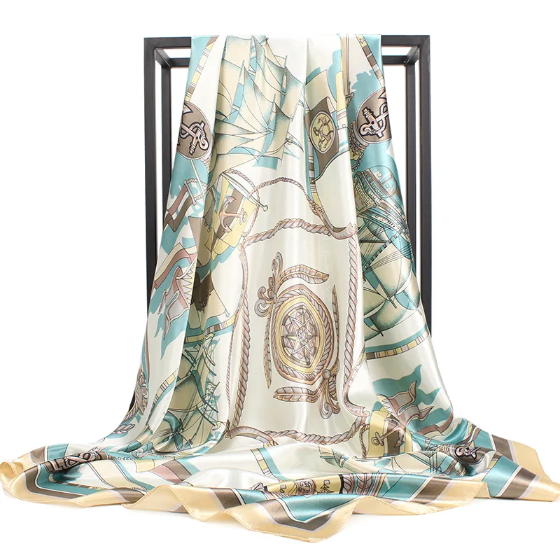 Factory OEM Fashion Foulard Shawl Scarfs Big Size 90*90cm Square Hair Head Scarves Satin Silk Scarf