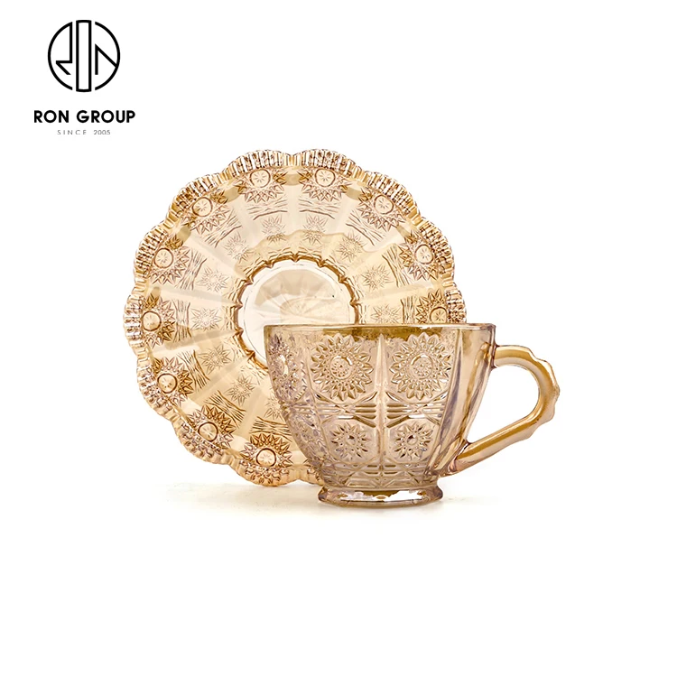 Coffee Tea Cup Mugs with Handle Used Double Wall Glass Classic Color Restaurant Arabic Style Engraved Sunflower Pattern Amber