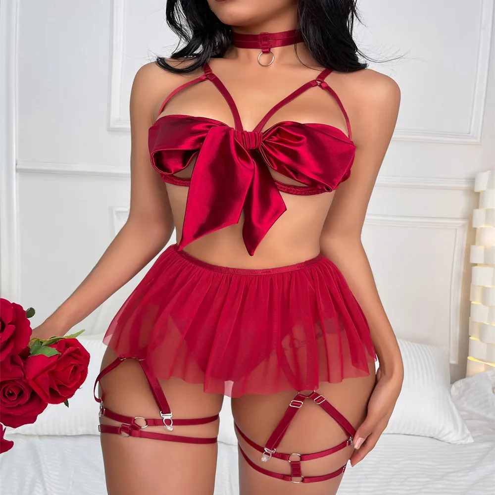 online fashion big bowknot bra lingerie Chinese cute style for mature woman honeymoon nightwear set