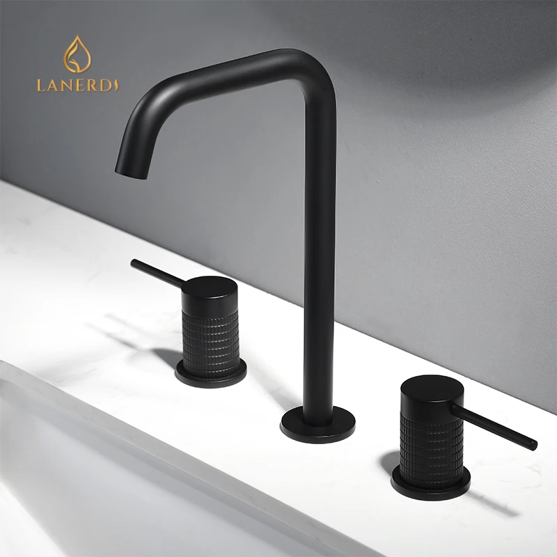 New Design UPC luxury matte black bathroom sink 3 hole double handle wash basin deck mounted vanity basin mixer taps