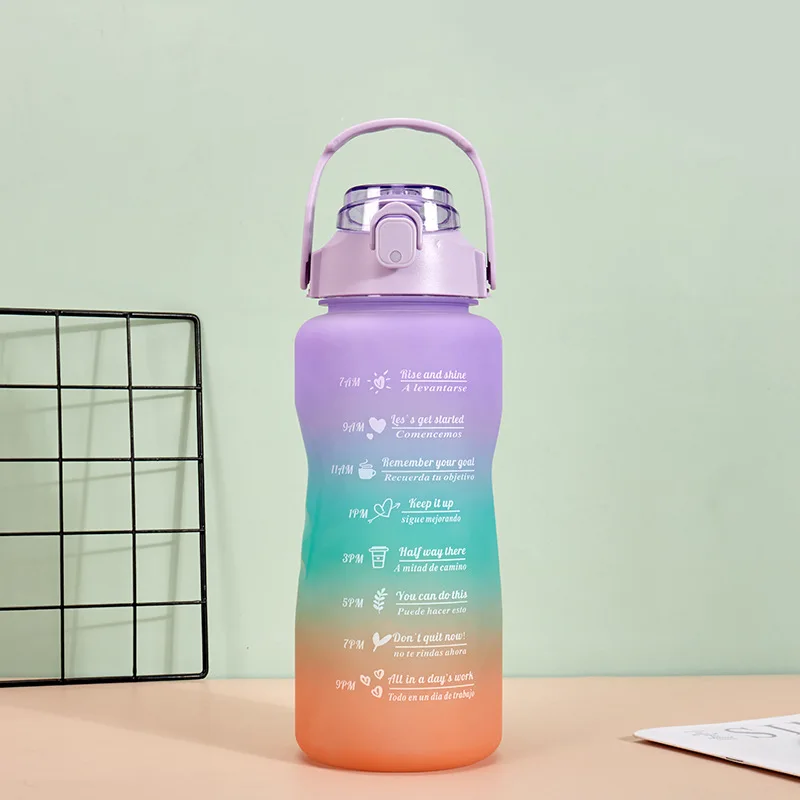 Gradient color 3pcs set plastic water bottle 2000ml 64oz jug with motivational and time marker half gallon water bottle OEM ODM