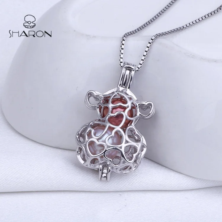 
CS0099 Lovely Animal Series Sterling Silver Cute Bear Love Heart Shape Pearl Cage Pendant 