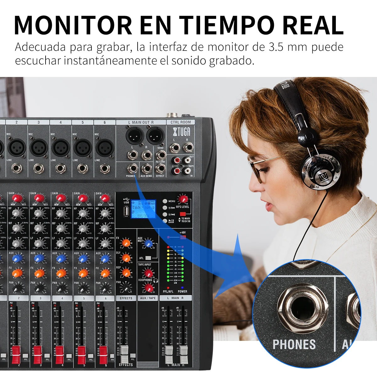 CT60X 6 Channel Audio Mixer Professional Audio Mixer Mixing Console with MP3/BT Function/USB Recording