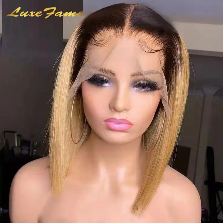 Cutical Aligned 1B 27 Bob Full Lace Wig,Short Ombre Colored Full Lace Wig,Glueless #27 Honey Blonde Full Lace Human Hair Wig