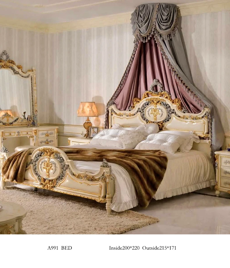 JS Luxury King Size Bedroom Set European Style Latest Antique Fashion Grey and Gold Bedroom Set