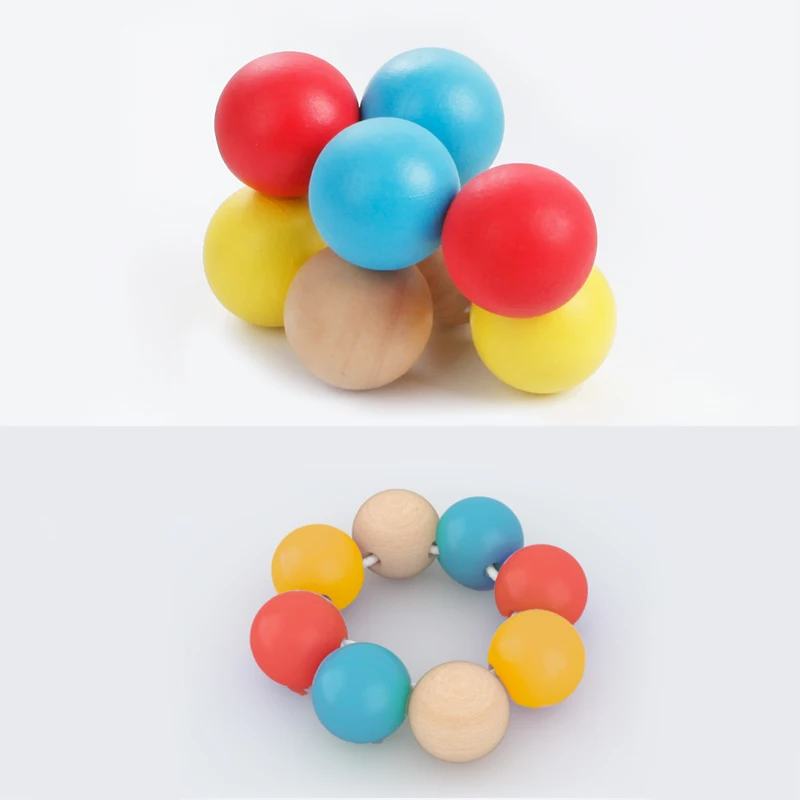 Newborn handmade Baby Wood Toy Beech Teether Rings Toddler Crochet Beads Natural Wood Teething Ring ball Rattle Bracelets