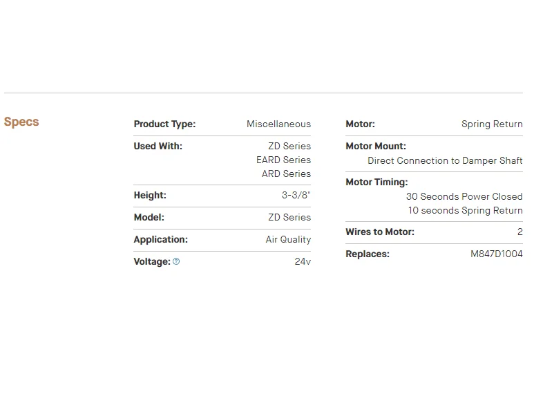 Replacement Motor for ARD EARD & ZD Dampers M847D1012 to replaces Damper Motor 24V