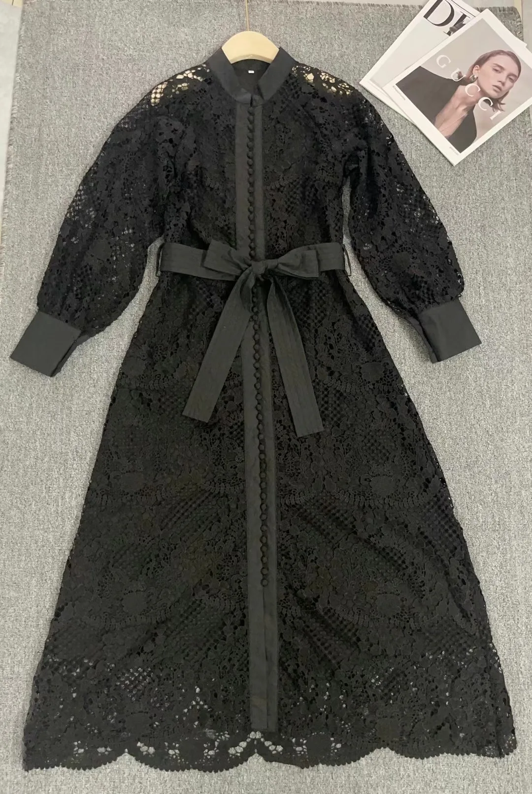 Elegant Dress Cotton Long Sleeve Hollow Pattern Belt Design Women Casual Daily Bettergirl Autumn Round Neck Ladies Dress 1 Piece