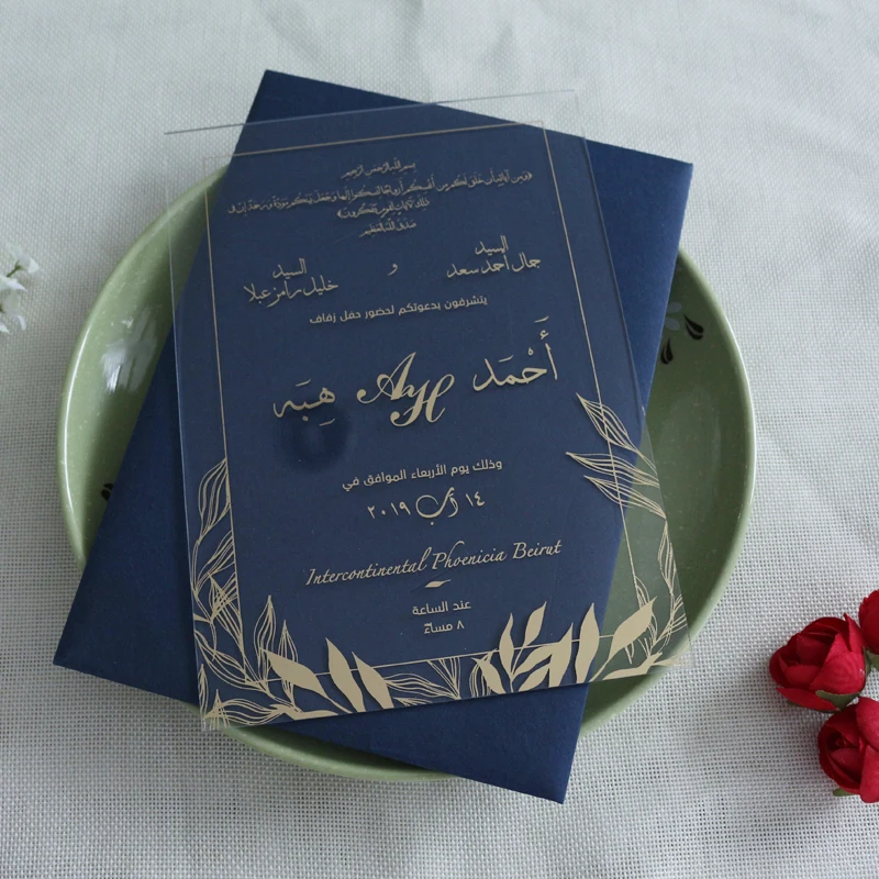 Elegant Transparent acrylic Wedding Invitations with Navy Blue Envelope for Engagement Greeting Cards