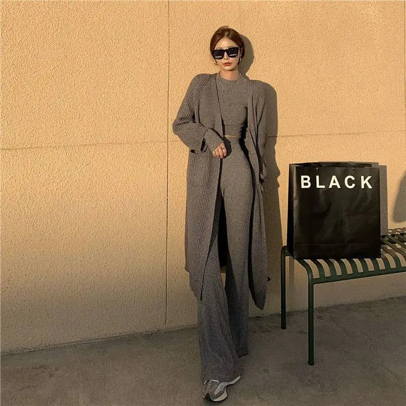 Customized Sweater Pants Knitwear Wide Leg Trousers Long Jumper Jacket Three Pieces Set ForMuslim Women Islamic clothing