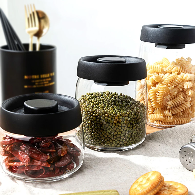Best Selling Round Glass Press Lid Sealed Jar Kitchen Vacuum Storage Jar Coffee Bean Moisture-proof Storage Jar YGH644