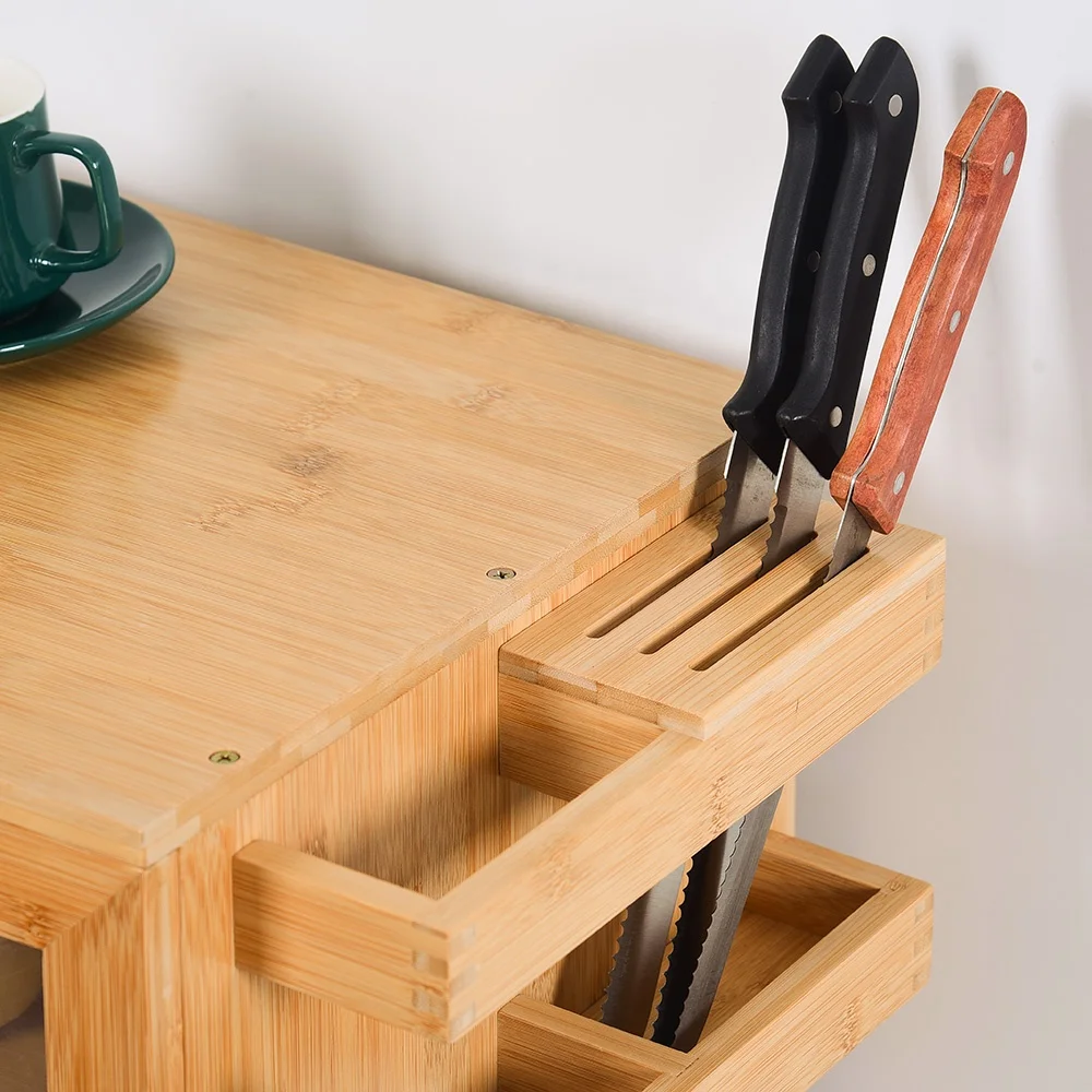 Double Layer Bamboo Bread Box Bread Storage Container Large Bread Box with Knife Storage Rack