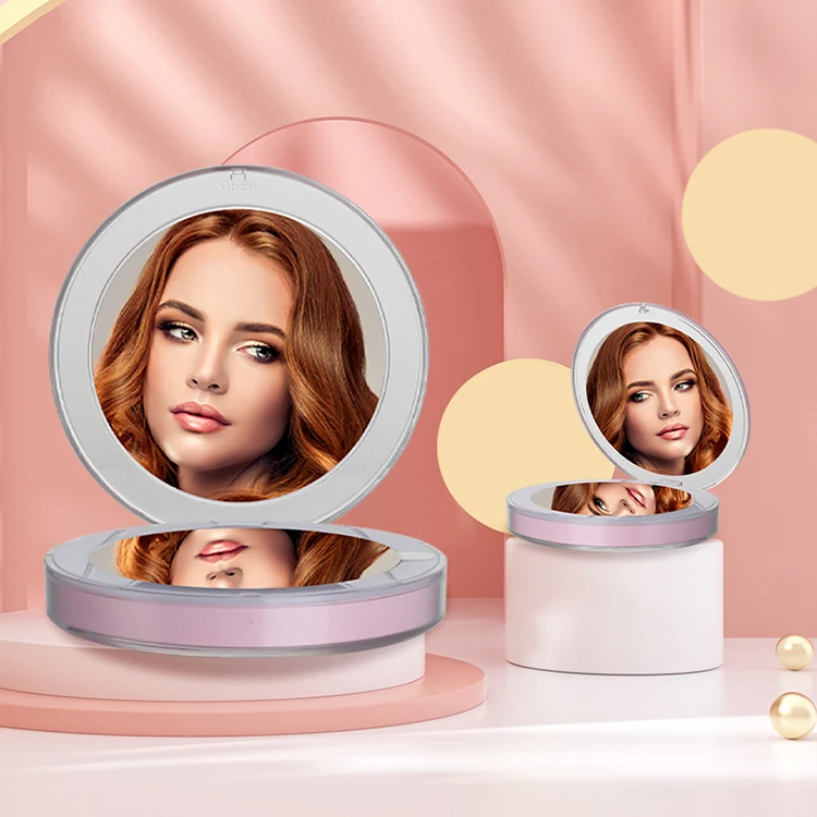 design unique makeup mirror mini length compact round pink foldable dual sided led mirror with light for bedroom