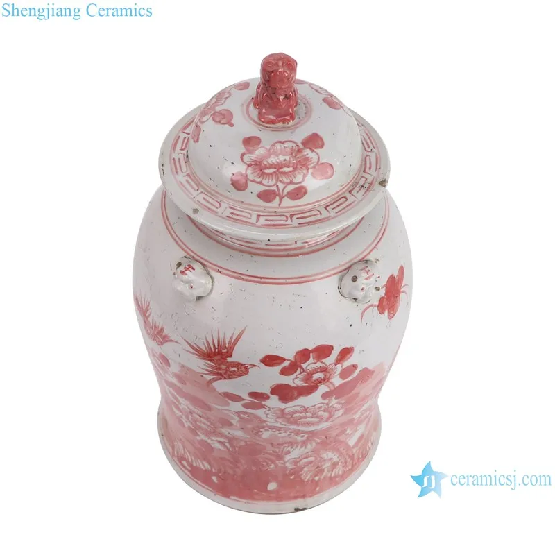 RZEY1218A-RED-S-L Jingdezhen Red and White Hand painted Flower and Bird with Lion Head  Porcelain Ginger Jar Urns