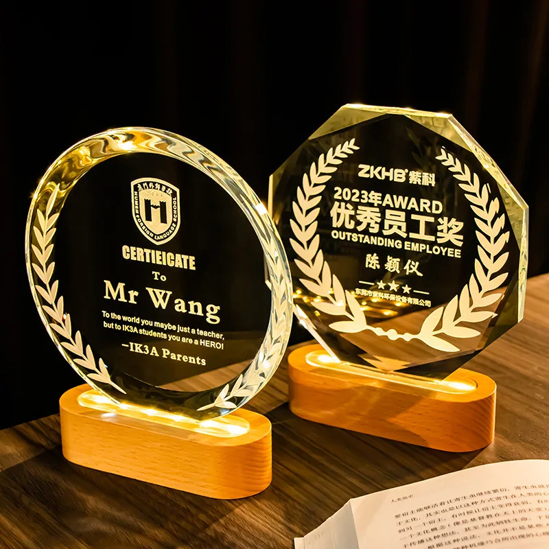 Honor of Crystal Creative Excellent Staff Competition Luminous Glass Awards Solid Wood K9 Blank Crystal Glass Custom LED Trophy
