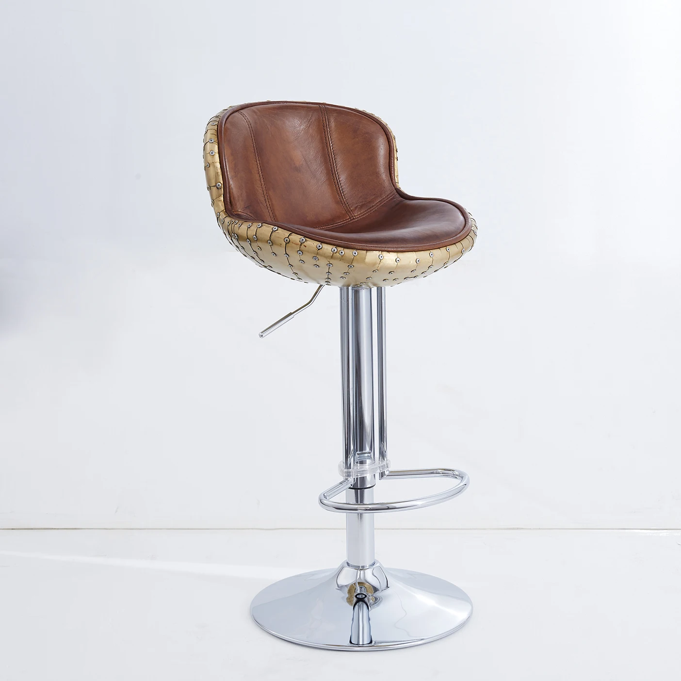 Vintage Aluminium Cover Aviator Bar Stool Industrial Adjustable Swivel Counter Height Bar Chair for Kitchen Island Bar