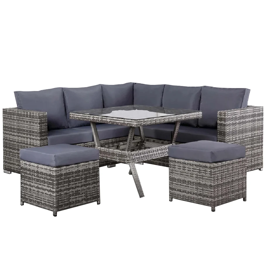 Patio 6 piece sectional low dining conversation sofa set- rattan wicker outdoor garden furniture corner sofa set with cushion.