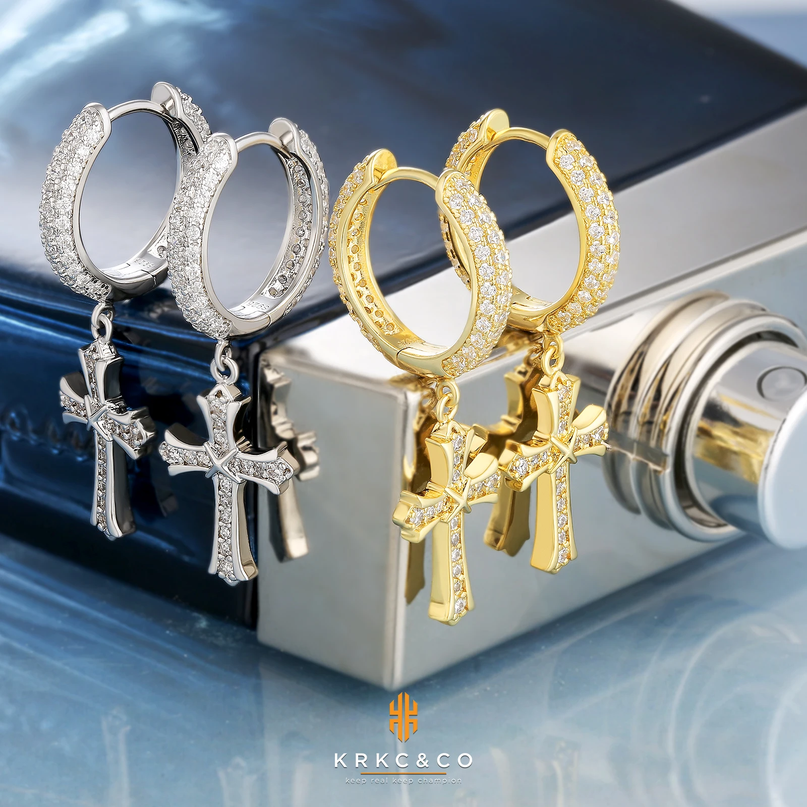 KRKC Drop Shipping 14K Gold Plated Cubic Zirconia Pave Small Diamond S925 Earring Charms Cross Drop Dangle Huggie Hoop Earrings