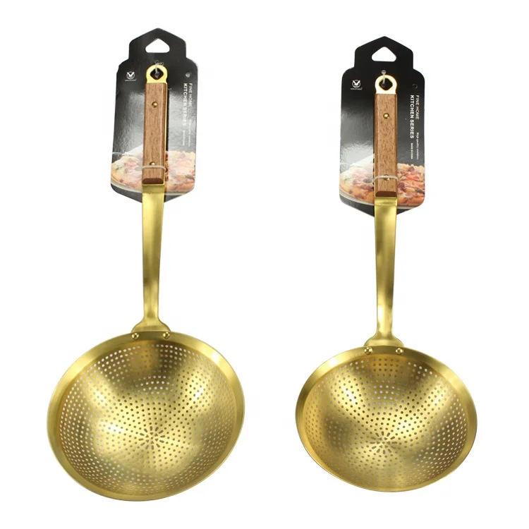 Slotted Spoon Kitchen Flour Sieve Gold Pasta Strainer Skimmer Wood Handle Stainless Steel Colander Ladle