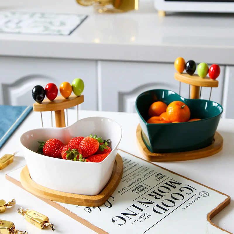 AL New Nordic Creative Heart Shape Ceramic Fruit Vegetables Salad Bowl Tray With Bamboo Wood Shelf And Fruit Fork