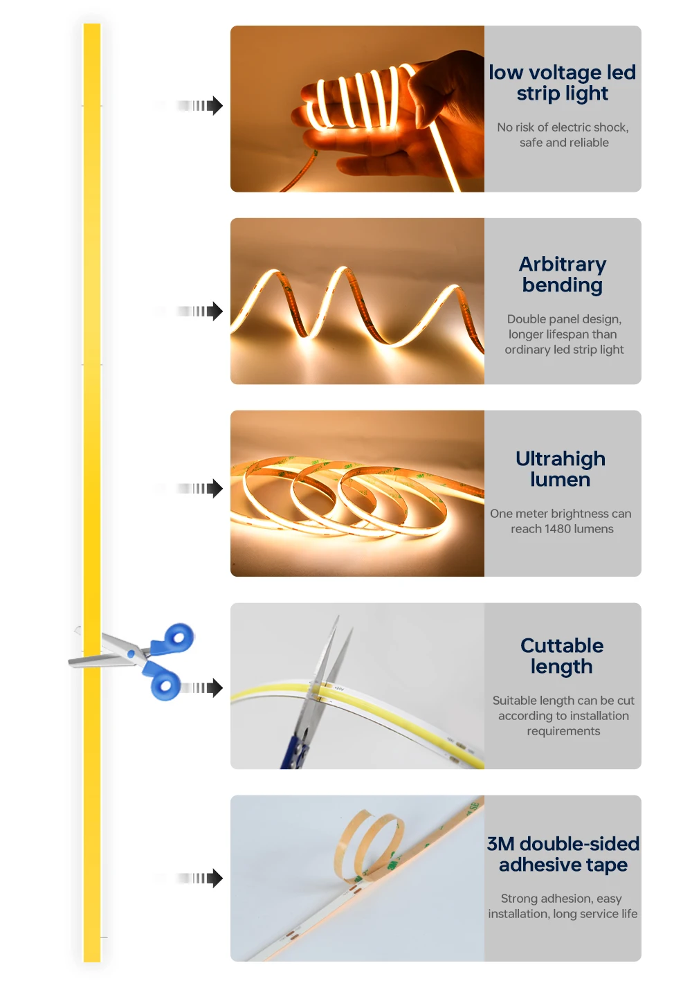 Hot Sales Slim 5mm Brightness 10m/roll 480leds 12v 24v Ra90 8mm Flexible COB Led Flexible Strip Light