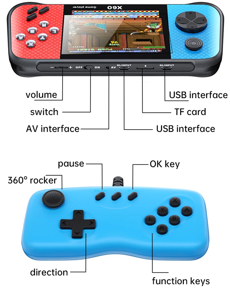 Wolsen  8 Bit Video Game Console 3.5 Inch X60 Portable Handheld Game 2 Players With 4000+ Classic Games For Children And Adult