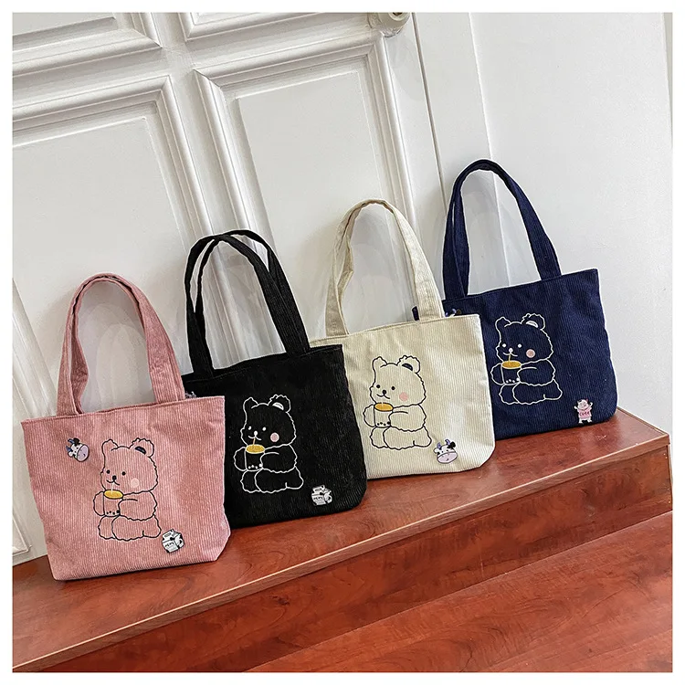 wholesale in stock ins style cartoon embroidery shoulder canvas tote custom corduroy bag for women lady
