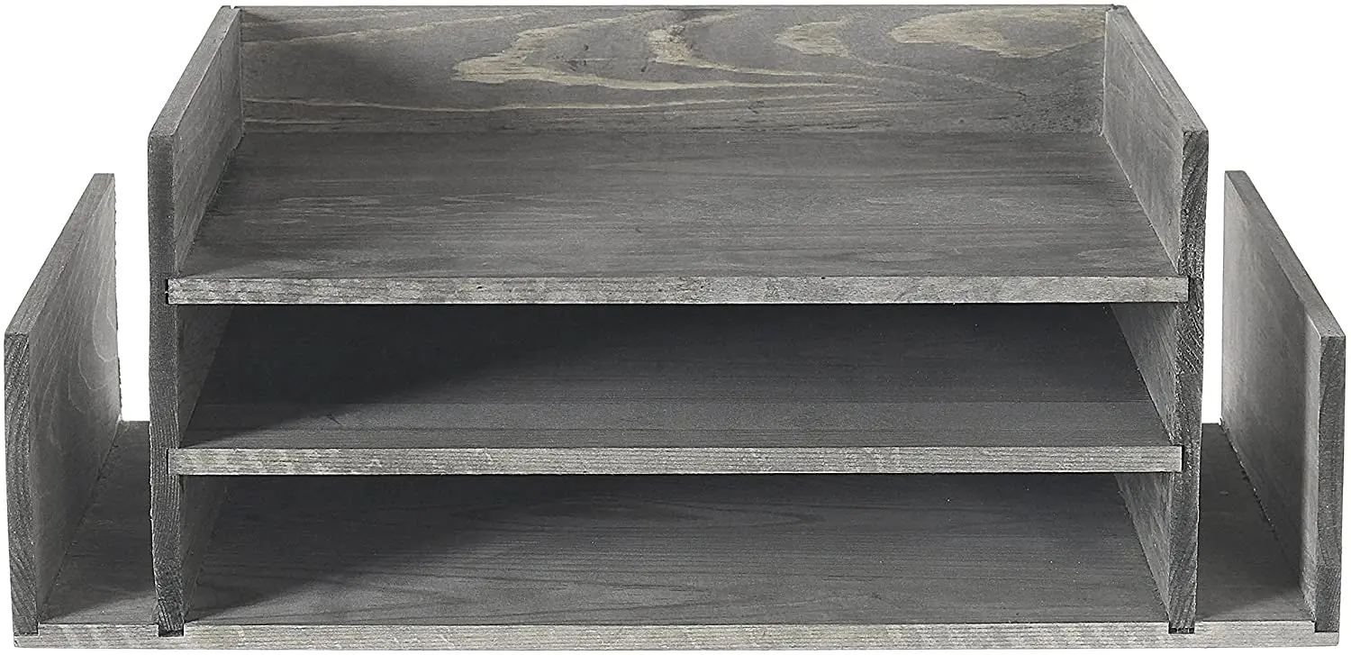 Weathered gray wood 3-layer office desktop file tray and mail classification rack storage rack