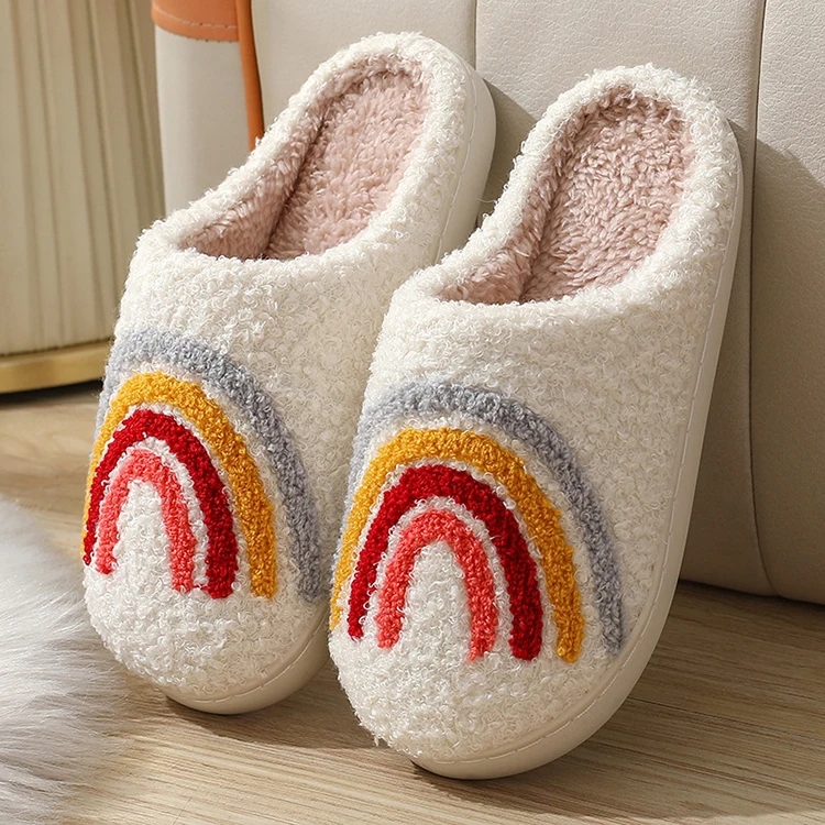 Embroidery Custom Cotton Warm Plush Fuzzy House Winter Home Smiley Face Slides Fluffy Fashion Fur Christmas Halloween Slippers