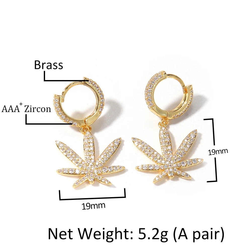 Hip hop Fashion Fine Jewelry Unisex Paved CZ Iced out Maple Leaf Dangle Hoop Earrings Stud Punk Hoop Earrings For Gift