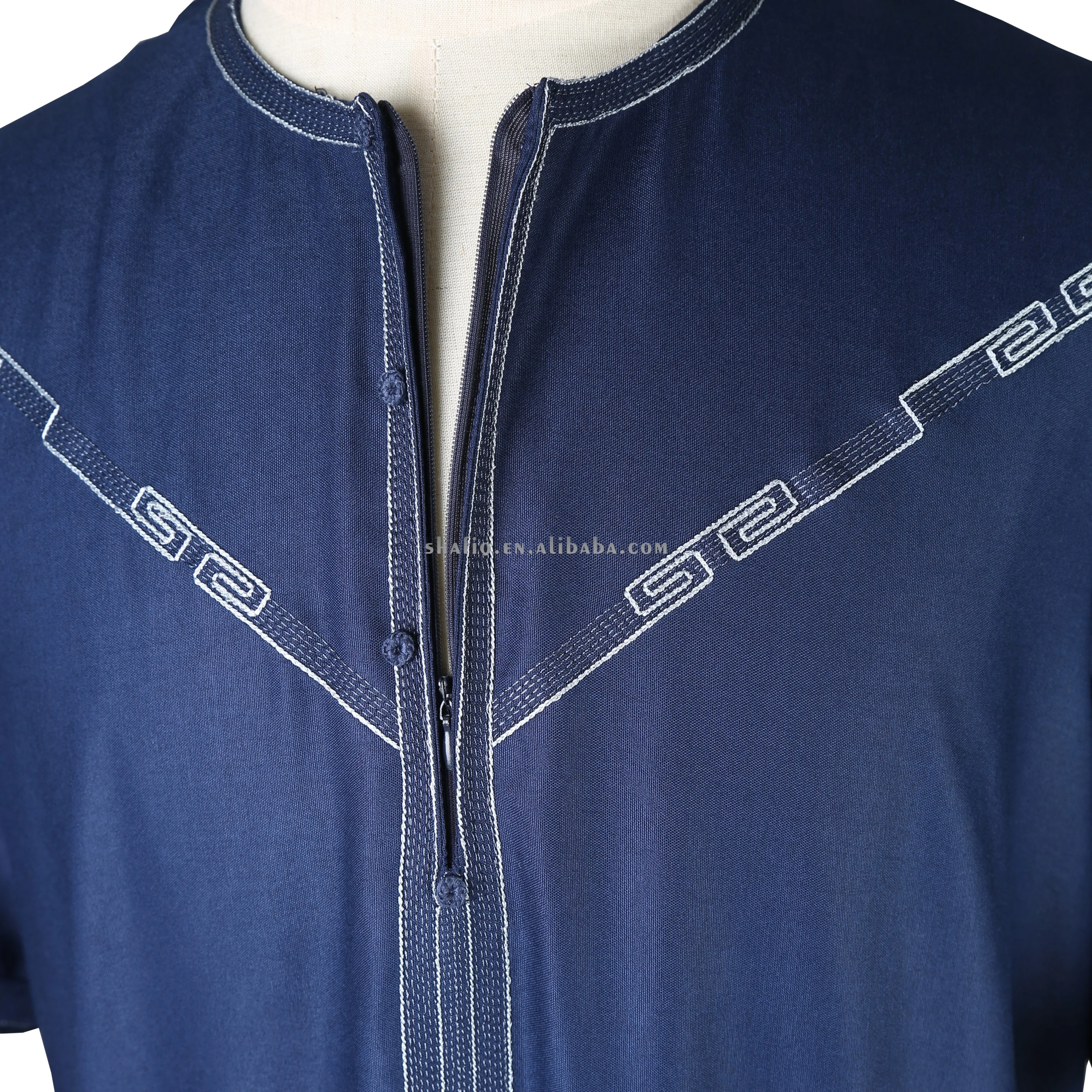 Short Sleeve Embroidered Round Neck African Muslim Prayer Jalabiya Islamic Clothing Jubah Boubou Men Thobe With Zip