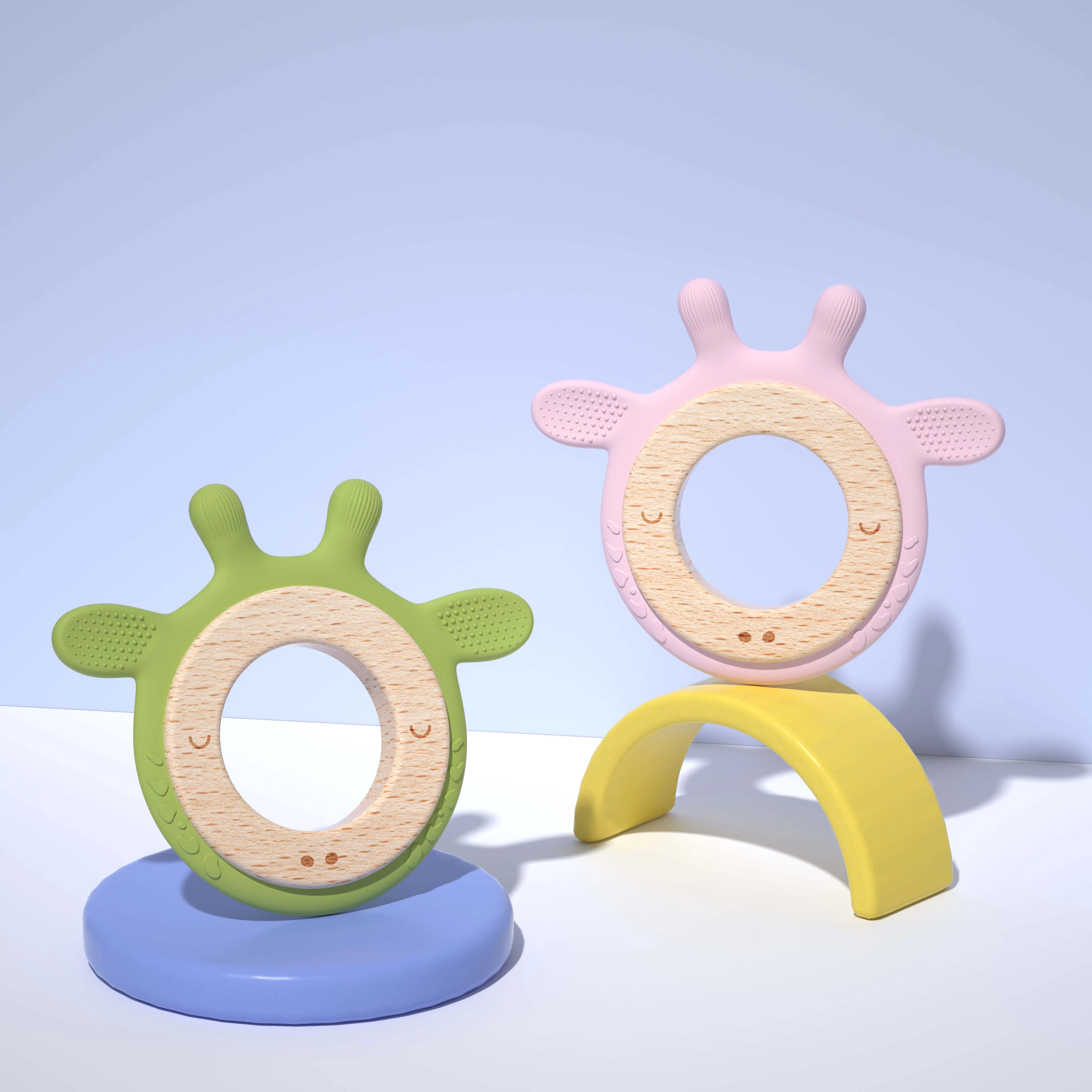 New Arrive Cute Giraffe Wooden Ring Silicone Teether Toys Baby Products Gum Sore Relieve Molar Sensory Baby Teething Toys