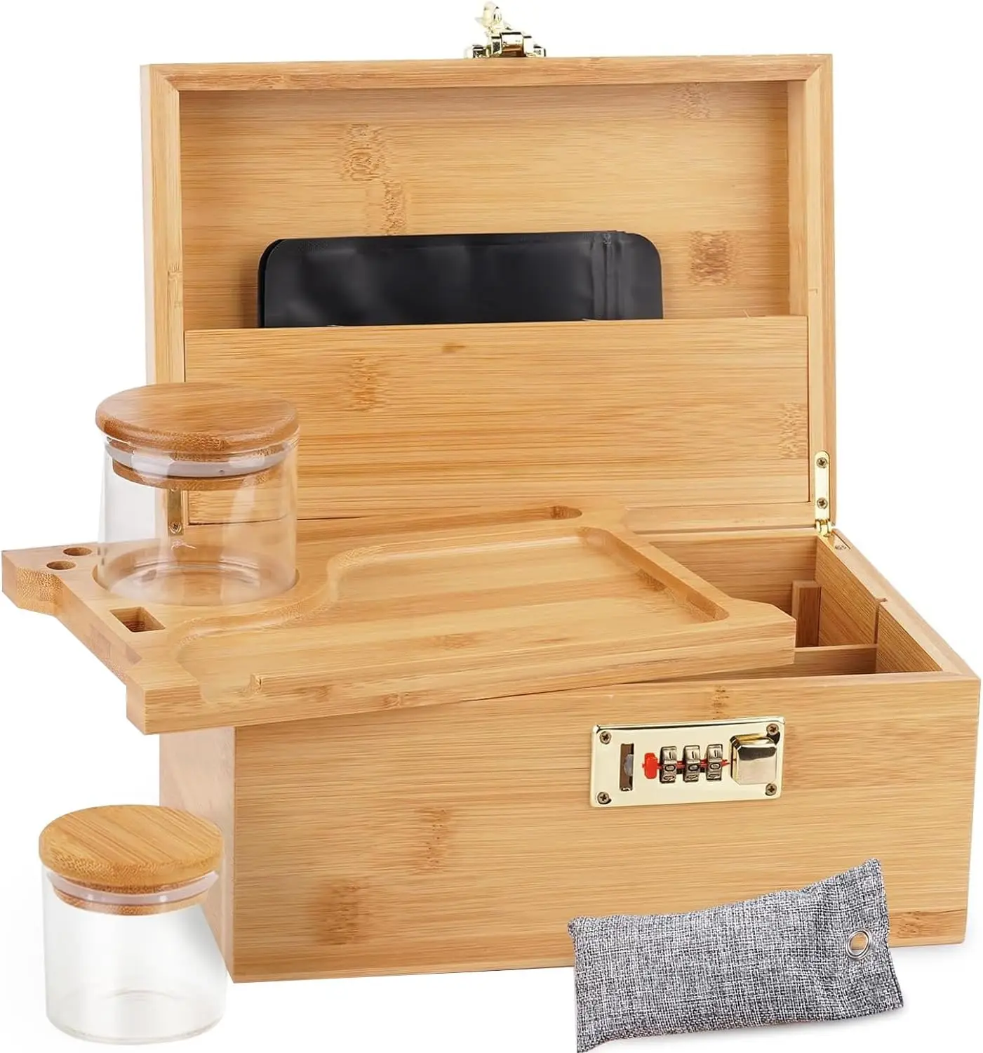 Bamboo Wooden Stash Organizer Box with Rolling Tray Smell Proof Storage Acacia Container Smoking Accessories