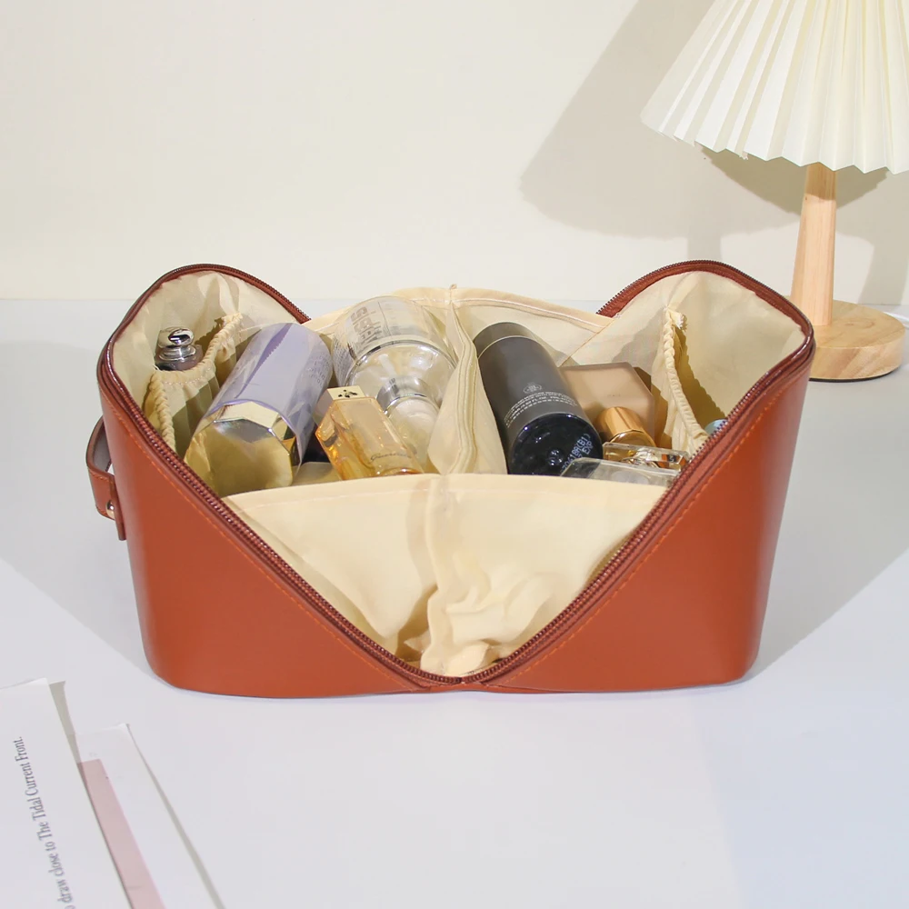 Custom Makeup Bag Portable PU Leather Waterproof Toiletry Pouch Travel Make up Bag Multifunctional Brush Cosmetic Bag for Women